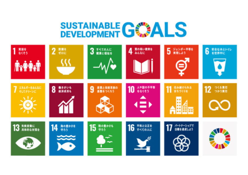 SUSTAINABLE DEVELOPMENT GOALS 1貧困をなくそう 2飢餓をゼロに 3すべての人に健康と福祉を 4質の高い教育をみんなに 5ジェンダー平等を実現しよう 6安全な水とトイレを世界中に 7エネルギーをみんなにそしてクリーンに 8働きがいも経済成長も 9産業と技術革新の基盤をつくろう 10人や国の不平等をなくそう 11住み続けられるまちづくりを 12つくる責任つかう責任 13気候変動に具体的な対策を 14海の豊かさを守ろう 15緑の豊かさも守ろう 16平和と公正をすべての人に 17パートナーシップで目標を達成しよう